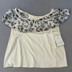 Calligraphie Off Shoulder Top Womens Size M Ivory Black Floral Embroidered Boho